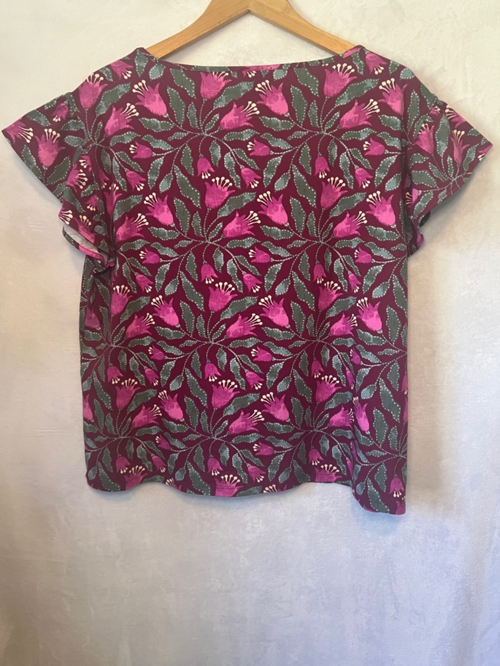 Ann Taylor Factory Floral Flutter Sleeve Blouse Pink Green XL Boho Summer - Picture 3 of 11
